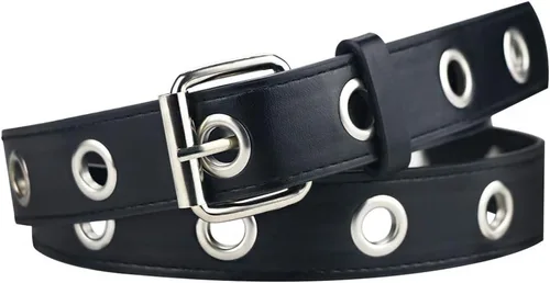 macoking Cinturones de cuero con ojales para mujer, cinturón negro para mujeres y hombres con agujeros dobles tachonados