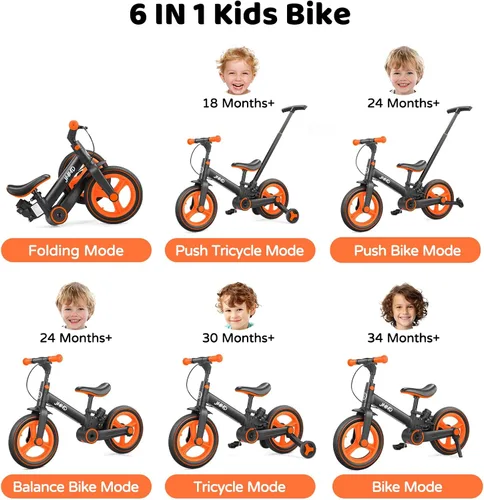 Miniatura 2 de JMMD Bicicleta 6 en 1 para niños de 18 a 60 meses, bicicleta de equilibrio plegable de 12 pulgadas con ruedas de entrenamiento, pedales, frenos