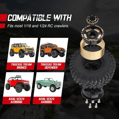 Miniatura 6 de HobbyPark Ruedas y neumáticos Beadlock de latón 1.0 para piezas de actualización TRX4M 1/18 SCX24 1/24 RC 1/18, juego de 4 (tipo A)