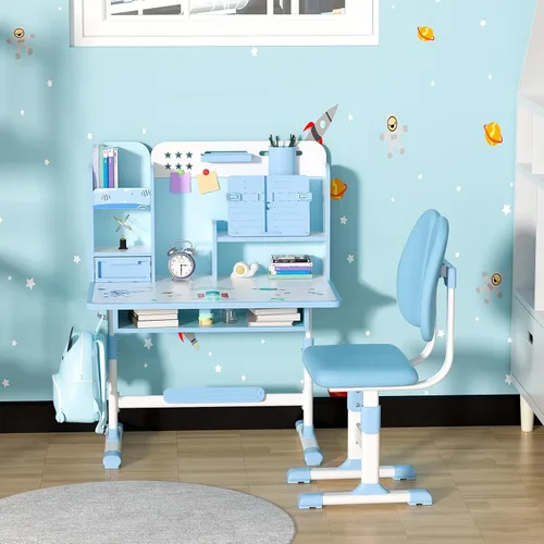 Miniatura 5 de Juego de escritorio y silla para niños, juego de mesa y silla de estudio para adolescentes, escritorio ergonómico para niños y estudiantes, Azul