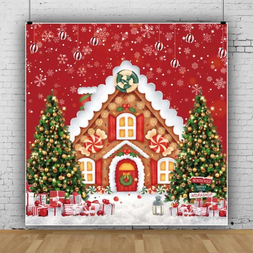 Miniatura 8 de Telón de fondo de Navidad de pan de jengibre, 7 x 5 pies, fondo de fotos de casa de jengibre rojo para fotografía, nieve de invierno, árbol