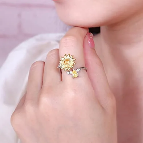 Miniatura 2 de Banemi Anillos antiestrés para la ansiedad para mujeres, anillo giratorio de flor de circonita cúbica, regalo de joyería para esposa, niña, día