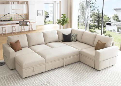 Miniatura 8 de HONBAY Sofá seccional modular con cama extraíble, sofá cama con forma de U extraíble con secciones de almacenamiento para sala de estar - Beige
