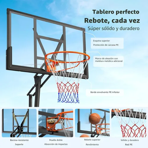 Miniatura 3 de Yohood - Canasta de baloncesto portátil para exteriores con tablero de 44/48 pulgadas, sistema de meta ajustable rápidamente a 10 pies con ruedas