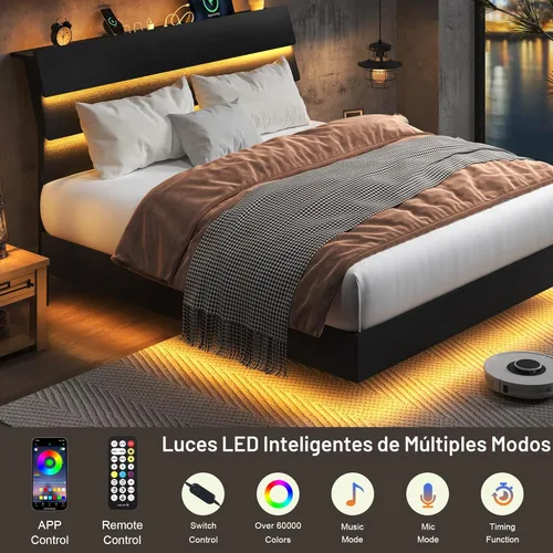 Miniatura 3 de Feonase Base de cama flotante tamaño Queen con luces LED y estación de carga, base de cama de madera tamaño Queen con cabecero de almacenamiento