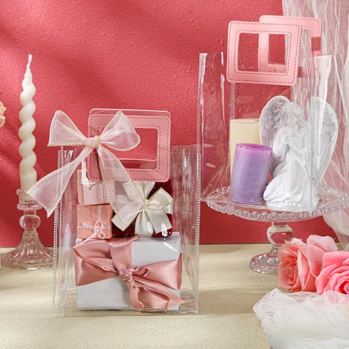 Miniatura 6 de Fulmoon 12 bolsas de regalo transparentes con asa y cinta transparente, bolsa de regalo de PVC transparente reutilizable para despedida de soltera