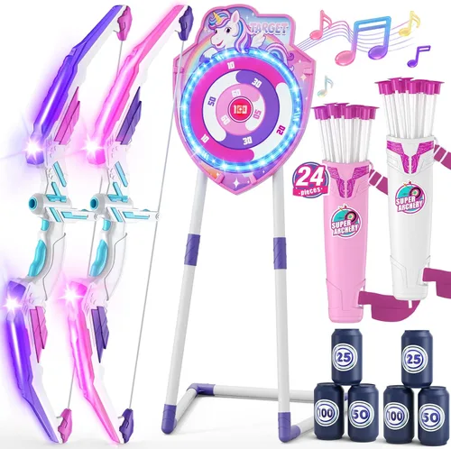 Miniatura 12 de HYES Arco y flecha para niños, juego de tiro con arco con luz LED con 12 flechas de ventosa, 1 objetivo para colgar, 3 objetivos de puntuación y 1