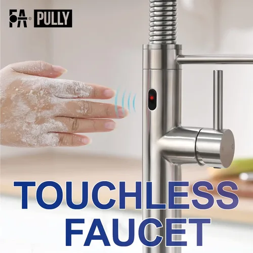 Miniatura 4 de Fapully Grifo de cocina sin contacto con rociador extraíble, sensor comercial desplegable de una sola manija grifo de fregadero de cocina níquel