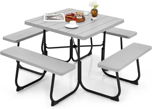 Miniatura 18 de Tangkula Mesa de picnic para 8 personas, mesa de picnic cuadrada al aire libre con 4 bancos integrados, agujero para paraguas, marco de metal y mesa
