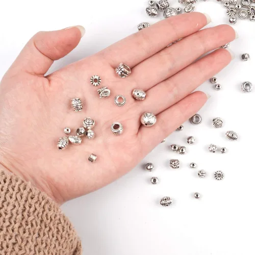 Miniatura 2 de BronaGrand 3.53 oz (alrededor de 130-180 piezas) cuentas redondas de plata antigua, cuentas pequeñas, espaciadores de abalorios para joyería, Plata