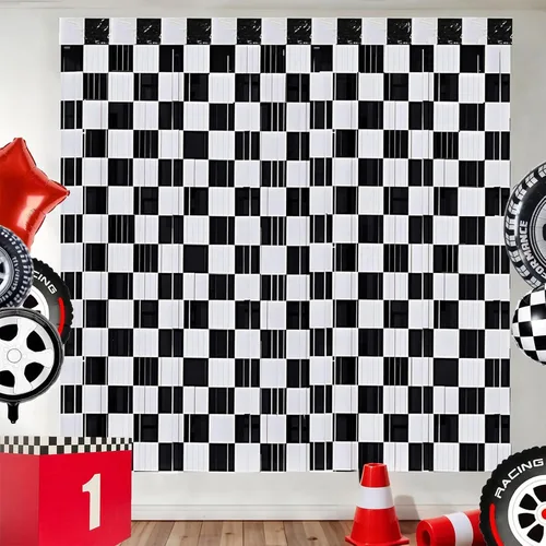 Decoraciones de fiesta de cumpleaños de coche de carreras, paquete de 2 serpentinas de papel de aluminio negro y blanco, cortinas de flecos para un