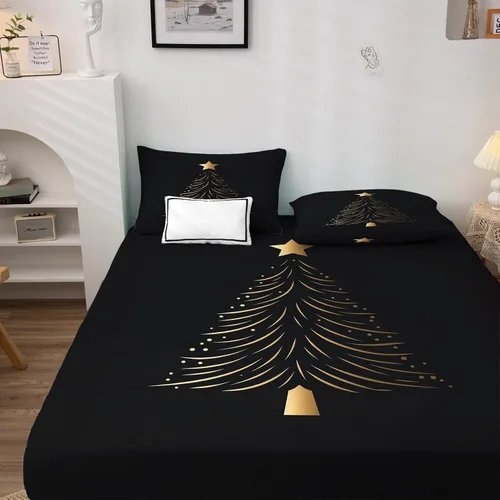 Miniatura 3 de Sábanas de árbol de Navidad tamaño individual, sábanas de cama negras y doradas, microfibra suave, bolsillo profundo, sábanas y fundas de almohada