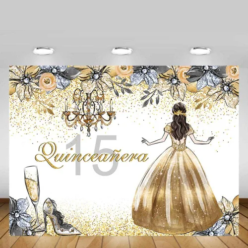 Miniatura 2 de MEHOFOTO - Fondo de cabina de estudio fotográfico de quinceañera de quinceañera con purpurina dorada y plateada floral dulce 15 membrillo niña años