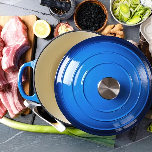 Miniatura 6 de Horno holandés de hierro fundido esmaltado de 6 cuartos de galón con tapa, asas dobles grandes, apto para horno hasta 500 °F, olla redonda clásica