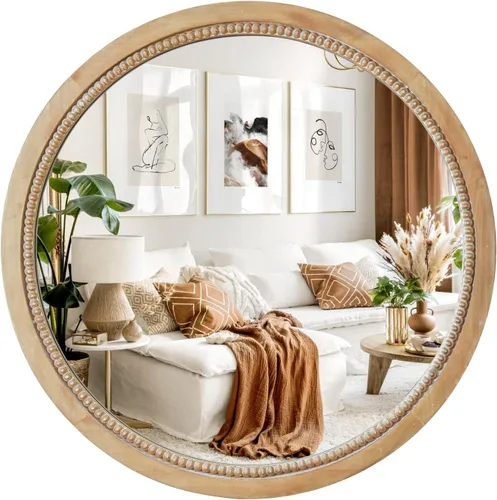 Miniatura 9 de Sawsile - Espejo redondo de madera, espejo circular rústico de 61 cm con marco de madera natural estilo granja y cuentas boho para pared, para baño
