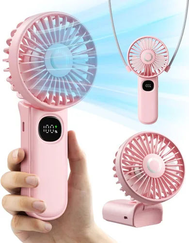 Ventilador de mano, ventilador portátil plegable con pantalla LED, mini ventilador de mano con batería de 3000 mAh, de mano/cuello/escritorio, Rosa