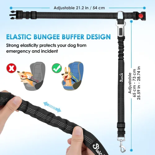 Miniatura 6 de SlowTon Cinturón de seguridad para perro para automóvil, paquete de 2 cinturones de seguridad ajustables con amortiguador elástico elástico, 2 en 1