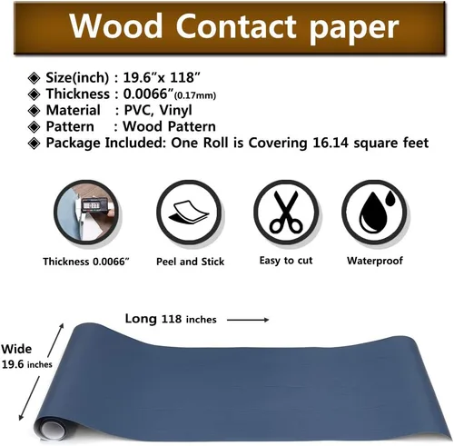 Miniatura 7 de Papel de contacto autoadhesivo de madera azul oscuro, 19.6 x 118 pulgadas, película autoadhesiva decorativa para muebles, papel tapiz autoadhesivo