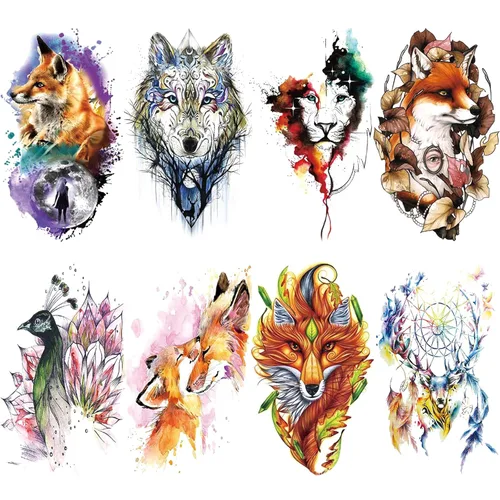 Tatuaje temporal de animales de color para mujer, media manga, grande, realista, zorro, lobo y león, tatuaje falso para adultos, pecho de muslo,