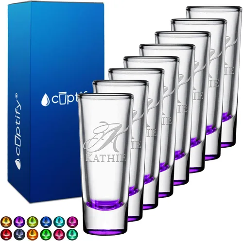 Miniatura 17 de Vaso de chupito personalizado con fondo verde azulado personalizado de 2 oz, vasos de chupito cordial con inicial en script dividido y nombre