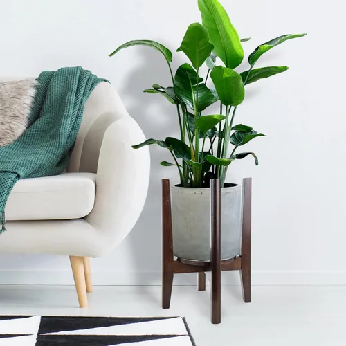 Miniatura 6 de Soporte ajustable para plantas con bandeja, soporte de madera para plantas de interior para macetas de 8 a 12 pulgadas, moderno soporte para macetas