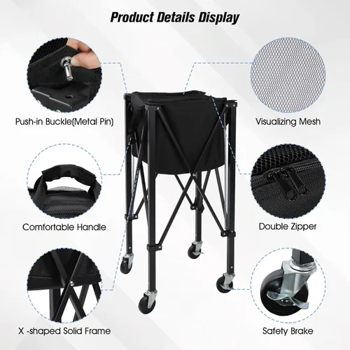Miniatura 6 de Tolva portátil para pelotas de tenis con capacidad para 200 bolas, carrito de canasta de pelota de tenis con 4 ruedas y frenos, bolsa de tela Oxford