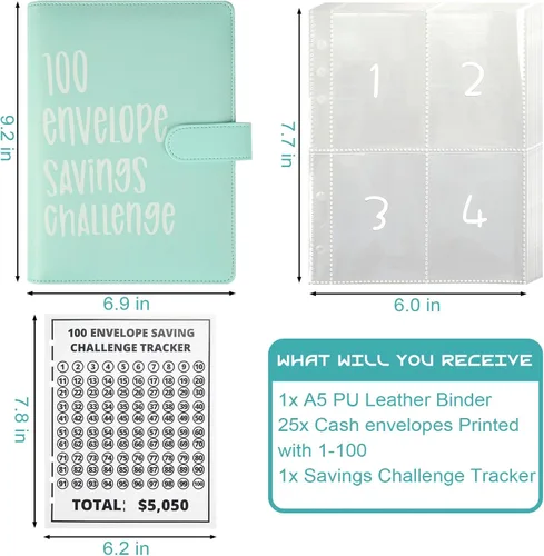 Miniatura 3 de LANBOUY Carpeta de desafíos de ahorro de dinero con 100 sobres, libro de presupuesto con desafío de ahorro en efectivo, carpeta de dinero de 52