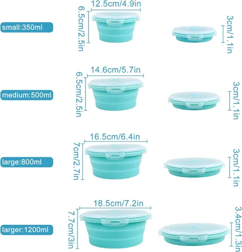 Miniatura 3 de Guyuyii Juego de tazones plegables - 4 envases de almacenamiento de alimentos de silicona con tapas - Esenciales de cocina aptos para microondas