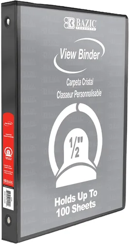 BAZIC Products Carpeta organizadora de 3 anillas de 1/2 pulgada con vista económica, color negro, anillo redondo, capacidad para 100 hojas de papel,
