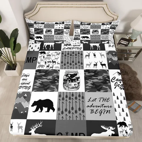 Manfei Juego de sábanas bajeras de camping tamaño individual, 2 piezas de ropa de cama de camuflaje gris y negro para niños y adolescentes, funda de