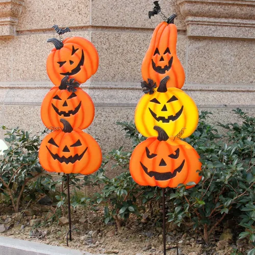 Miniatura 8 de Juegoal Paquete de 2 estacas de jardín de Halloween, calabazas de metal apiladas, decoración de césped Jack-o-Lantern, letreros de patio decorativos
