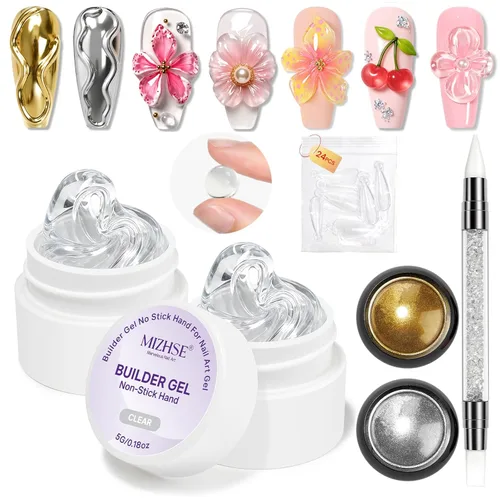 MIZHSE 2PCS 3D Gel Nail Art Clear Sculpting Gel, 5 in 1 Clear Non-Sticky Sculpture Molding Solid Builder Gels for Nails with Chrome Nail Powder Kit