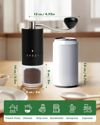Miniatura 3 de Molinillo de café manual con rebabas de cerámica para expreso, prensa francesa, 5 ajustes ajustables, molinillo de café de mano, para uso doméstico