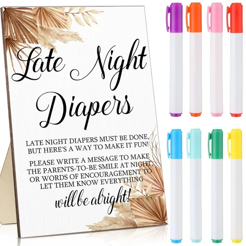 Roowest Baby Shower Games Late Night Pañales Sign Wooden Baby Shower Games Cartel de mesa de revelación de género Set de regalos de fiesta con 8