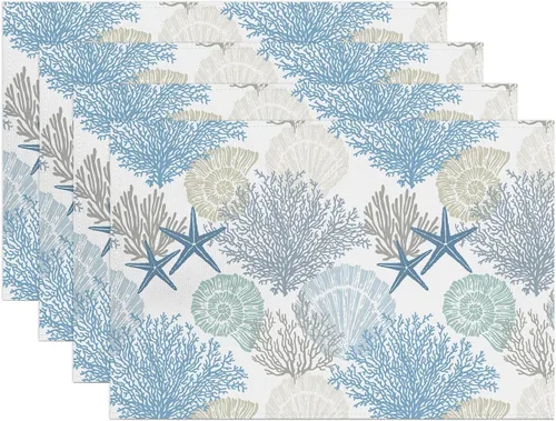 Juego de 4 manteles individuales náuticos azules de verano, estrellas de mar, conchas marinas, coral, manteles individuales antideslizantes,