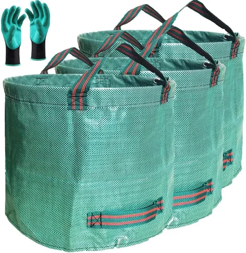 Paquete de 3 bolsas profesionales grandes de 72 galones para jardín (26 pulgadas de alto, 30 pulgadas) reutilizables con guantes de jardinería para