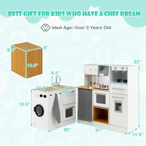Miniatura 8 de HONEY JOY Juego de cocina para niños, juego de cocina modular de madera de 2 piezas, lavadora y fregadero, cafetera, campana extractora y estufa