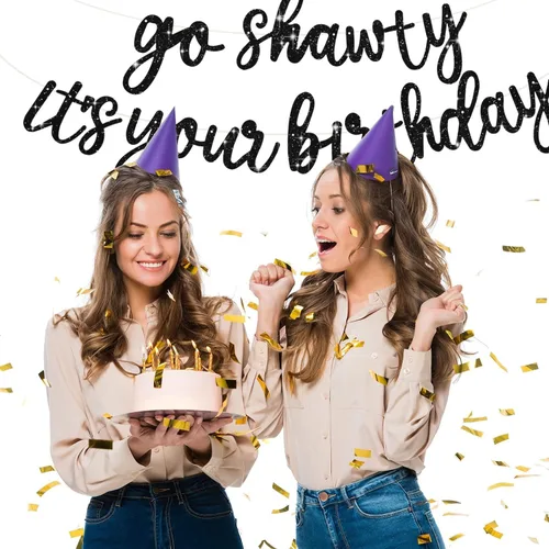Miniatura 6 de BEISHIDA Pancarta Black Go Shawty It's Your Birthday de 11.4 pies, SIN BRICOLAJE - Pancarta de Feliz Cumpleaños con Purpurina Tema Hip Hop - Negro