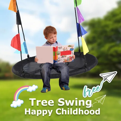 Miniatura 2 de Columpio de árbol de platillo de 40 pulgadas para niños, columpio redondo al aire libre con correas para colgar y cuerdas ajustables, fácil montaje