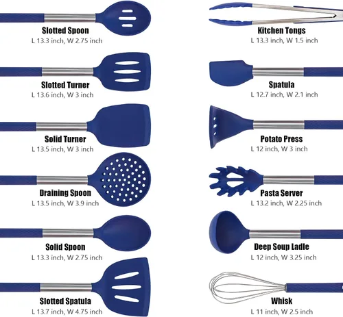 Miniatura 2 de Juego de utensilios de cocina de silicona, 12 piezas, antiadherentes, resistentes al calor, con mango de acero inoxidable, color azul