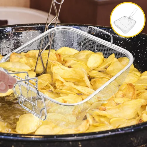 Miniatura 8 de Hemoton - Cesta cuadrada de acero inoxidable con asa de 15.27 x 9.44 x 4.33 pulgadas para papas fritas, drenaje de aceite, freidora de cocina, olla