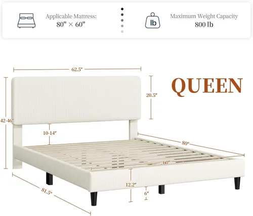 Miniatura 2 de Yaheetech Estructuras de Cama Queen con Cabecero Ajustable, Cabecero Tapizado de Tela de Chenilla/Cama de Plataforma, Estructura de Cama