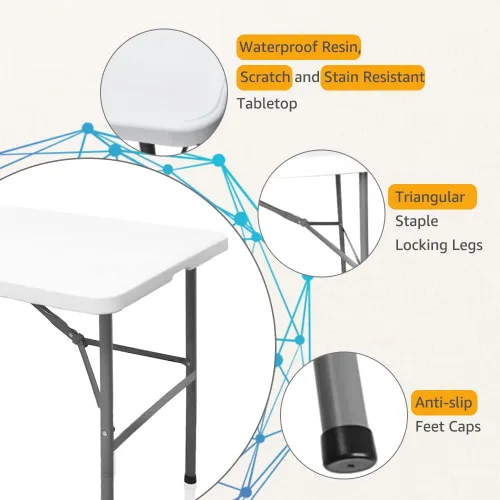 Miniatura 4 de Mesa plegable de plástico resistente de 4 pies, mesa de campamento plegable portátil, mesa de picnic, mesa de juego con asa, para 48 pulgadas