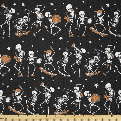 Miniatura 131 de Ambesonne The Yard, tela de calavera colorida con temática de Halloween, diseño de calavera y huesos cruzados, divertido estampado de dibujos