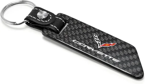 Miniatura 2 de iPick Image Para Chevrolet Corvette C7 Negro Real Fibra de Carbono Estilo Hoja con Correa de Cuero Negro Llavero Llavero, Licencia Oficial, Negro