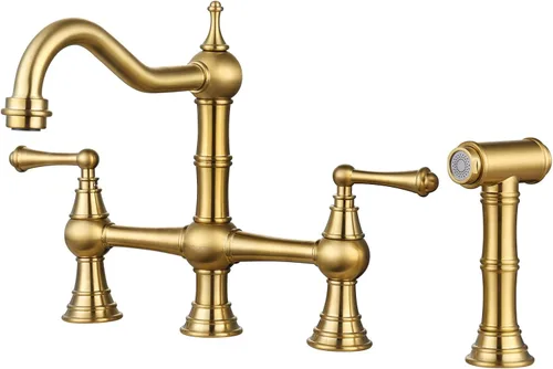 Miniatura 11 de Grifo de Cocina de Puente con Rociador Lateral, WOWOW Grifo de Cocina de Latón Macizo para Fregadero de 4 Agujeros Bronce Antiguo Grifo de Fregadero