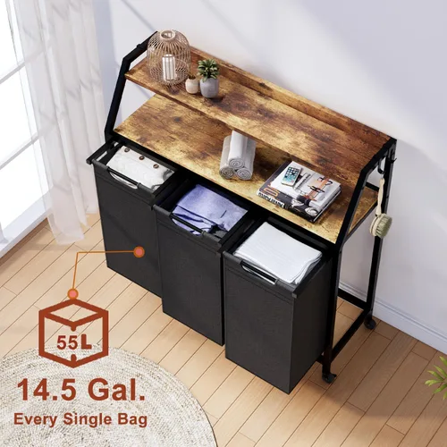 Miniatura 2 de Timberer Cesta de lavandería, clasificador de ropa de 3 secciones, cesta de lavandería rodante con ruedas, 2 estantes, 3 × 54.5 L, bolsas extraíbles