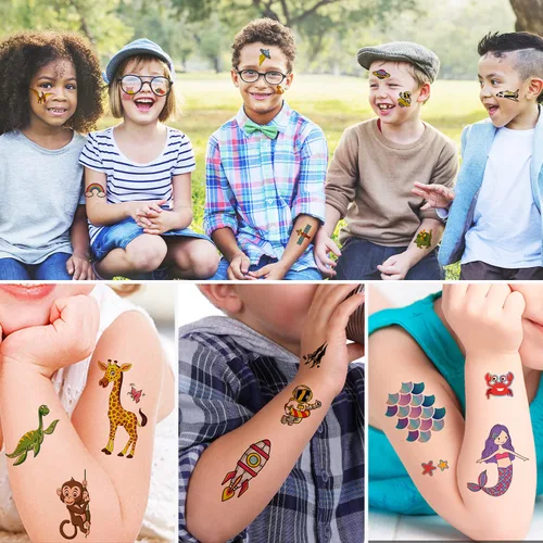 Miniatura 6 de Más de 250 tatuajes temporales para niños, 15 hojas de diseños mixtos de purpurina, tatuajes falsos impermeables para niños, temática de sirena