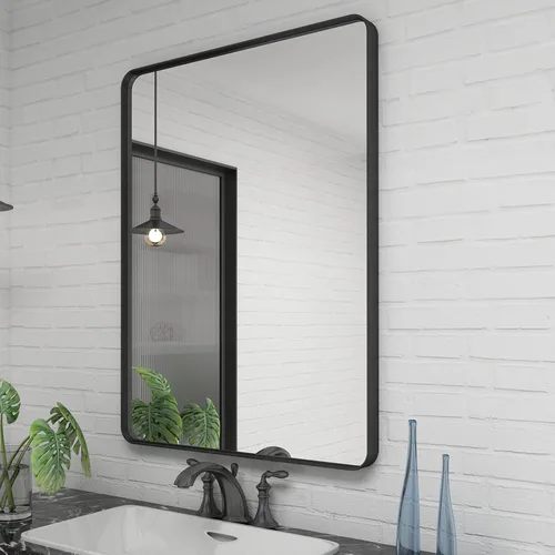 Miniatura 8 de Paquete de 2 espejos de baño con marco de metal negro de 22 x 30 pulgadas, espejo rectangular redondeado negro mate, antioxidante, se cuelga