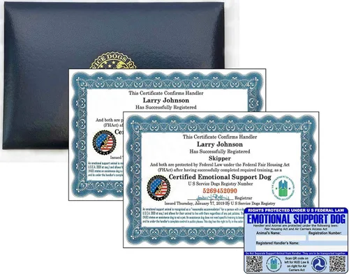 Certificados oficiales de apoyo emocional para perros y carpetas de presentación de cuero, juego personalizado de 2 certificados que incluye tarjeta
